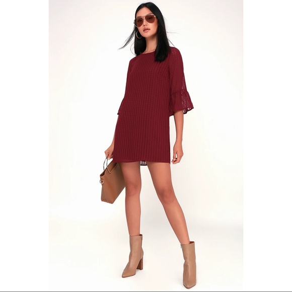 Lulus Dresses & Skirts - Lulu’s Better Than Ever Red Flounce Shift Dress Bell Sleeve Mini